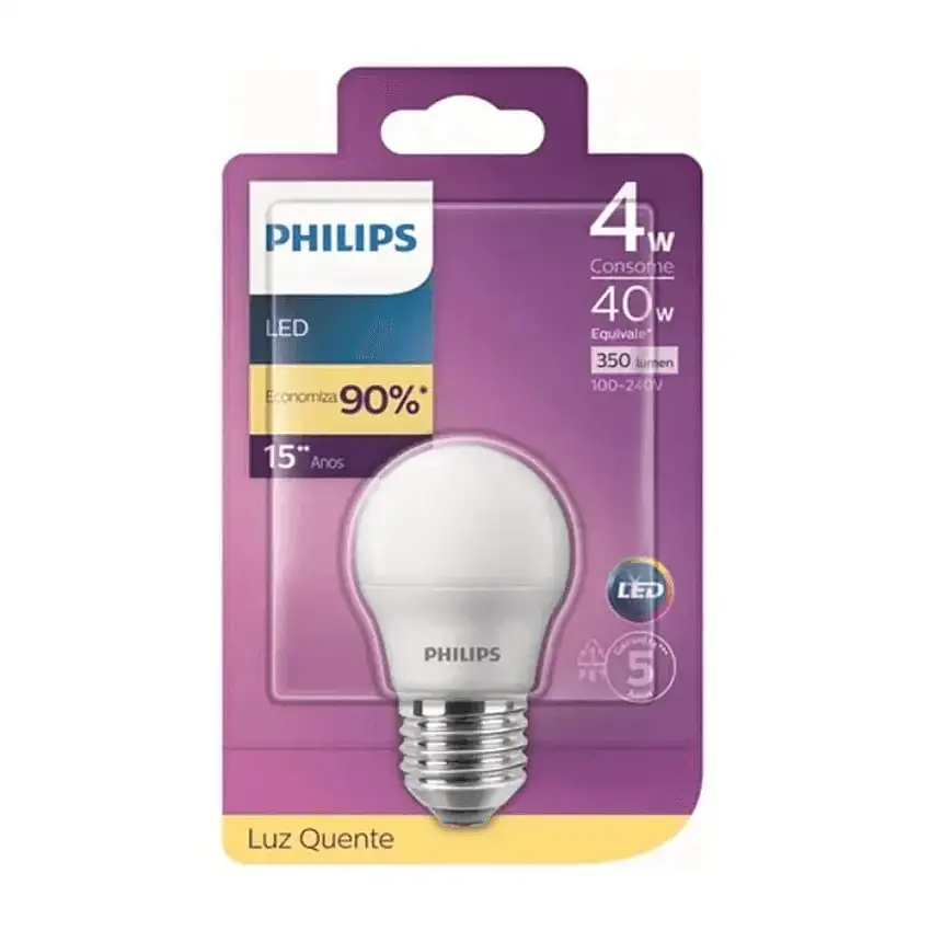 Lâmpada LED Mini Bulbo E-27 Bivolt 4W 3000K Branco Quente 350 Lúmens Philips