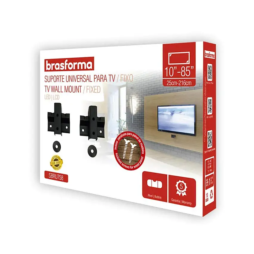 Suporte TV Slim Preto 10"-85" Fixo SBRU758 Brasforma