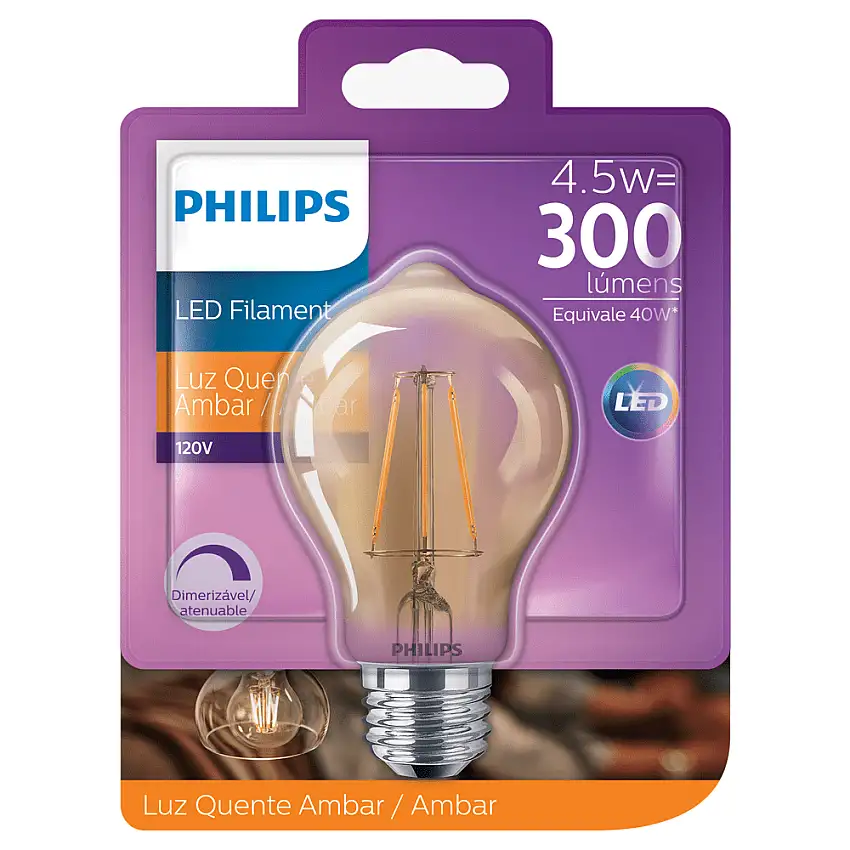 Lâmpada LED Filamento Bulbo A60 E-27 127V 4,5W 2200K Branco Quente Dimerizável Philips