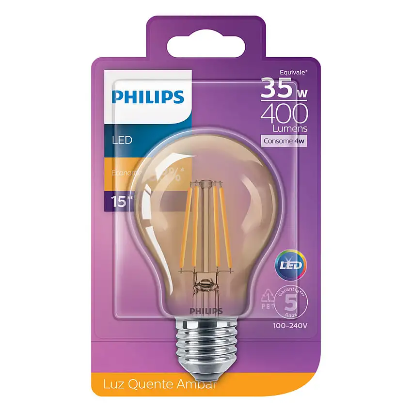 Lâmpada LED Filamento Bulbo A60 E-27 Bivolt 4W 2500K Branco Quente Philips