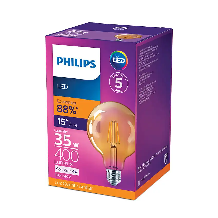 Lâmpada LED Filamento Balloon G93 E-27 Bivolt 4W 2500K Branco Quente 400 Lúmens Philips