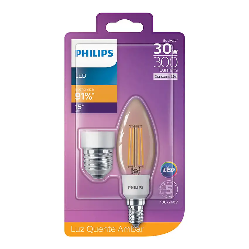 Lâmpada LED Filamento Vela E-14 Bivolt 2,7W 2500K Branco Quente 300 Lúmens Philips