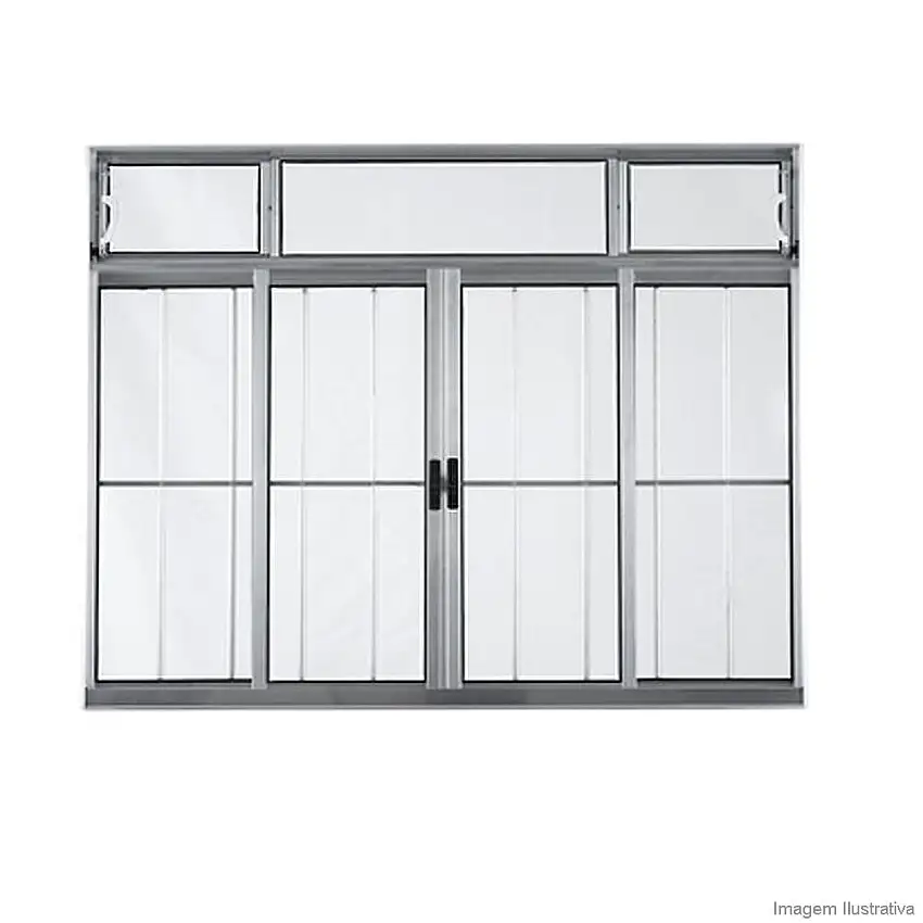 Janela de correr 4 folhas Prata 100x150cm com grade e bandeira Ebel